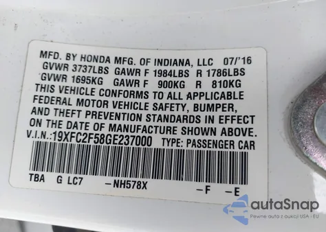 2016 Honda Civic Lx z USA, uszkodzony, nr VIN 19XFC2F58GE237000